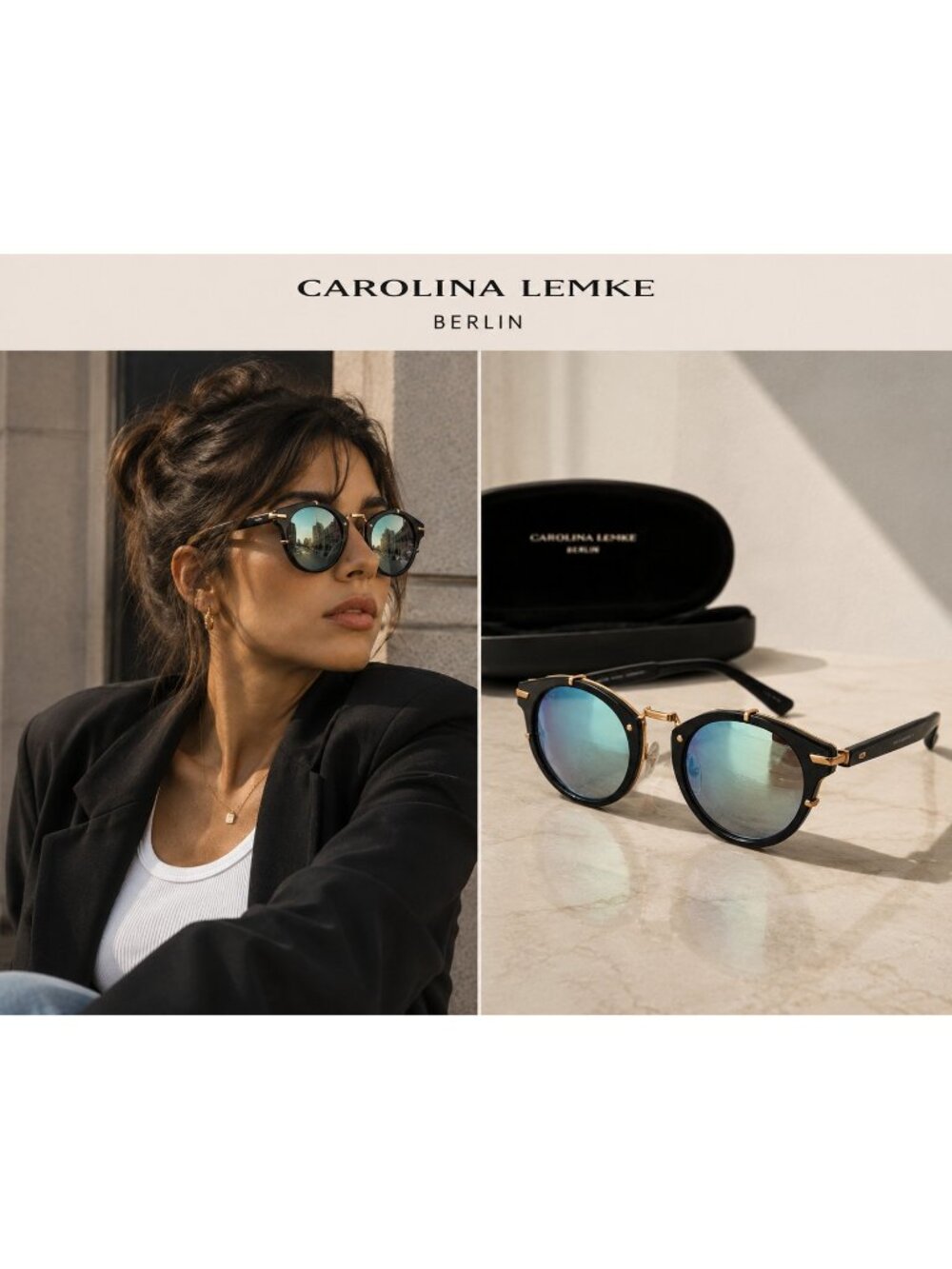 Carolina Lemke Berlin CL7405-4 Black Gold Blue Mirrored Sunglasses UV400